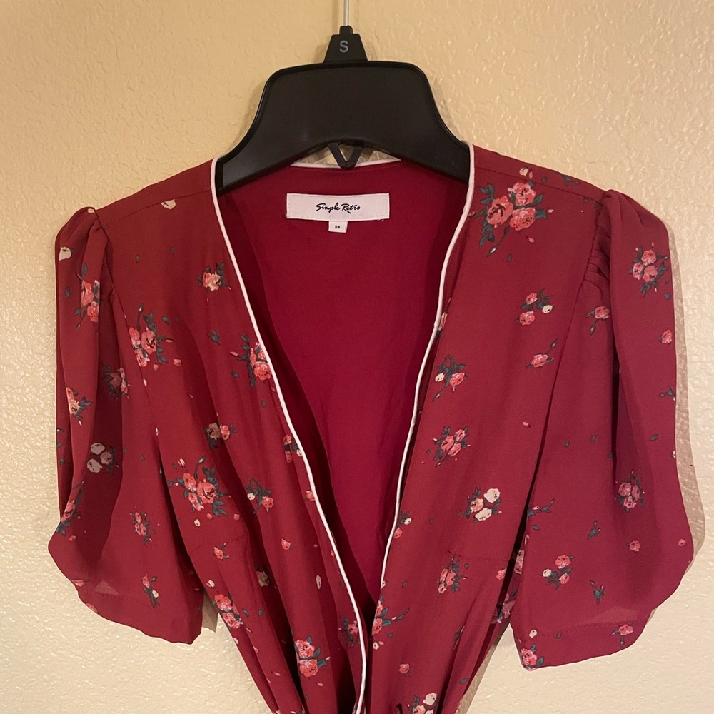Simple Retro Red Floral Midi Dress (Kimura Floral Print Dress)